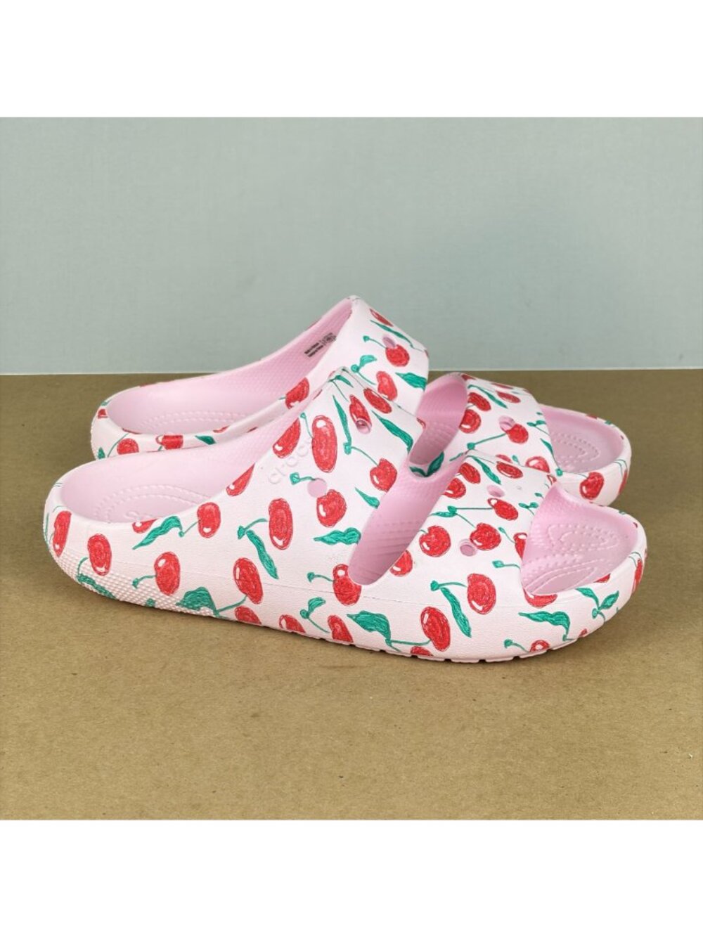 Crocs Pink Cherry Pattern Slide Sandals Womens 9 Pink Red Green Slip On - Picture 3 of 10